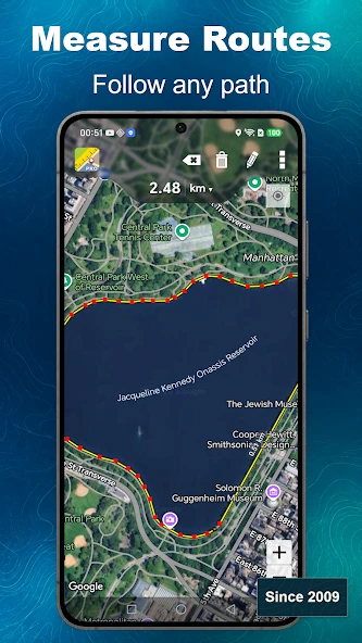 Maps Ruler official Google Play screenshot showing a route measurement on a map.