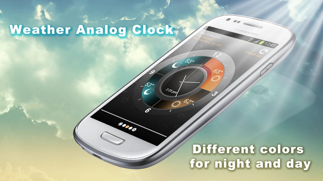 Weather Clock official Google Play promotional screenshot showing an analog weather-clock display on a phone.