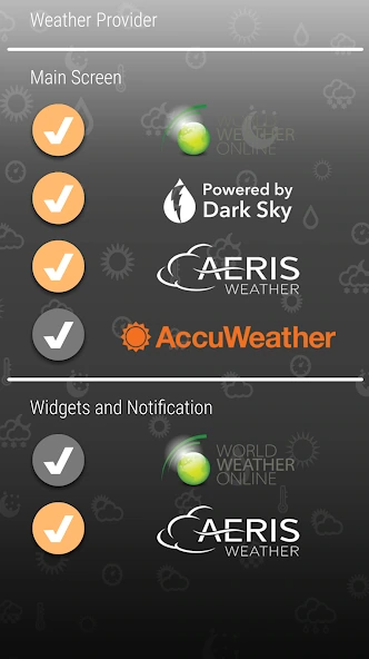 Weather Clock settings screenshot supplied by its official Google Play listing; provider branding shown does not establish current service availability.