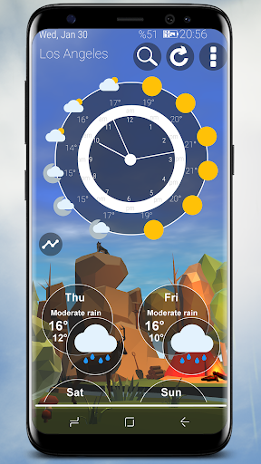 Original Weather Nature 3D promotional screenshot showing a circular clock and forecasts over a low-poly nature scene
