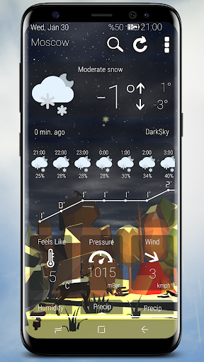 Original Weather Nature 3D screen showing a snowy forecast, hourly weather, and environmental readings