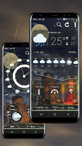 Original Weather Nature 3D promotional image showing rainy weather in clock and detailed forecast views